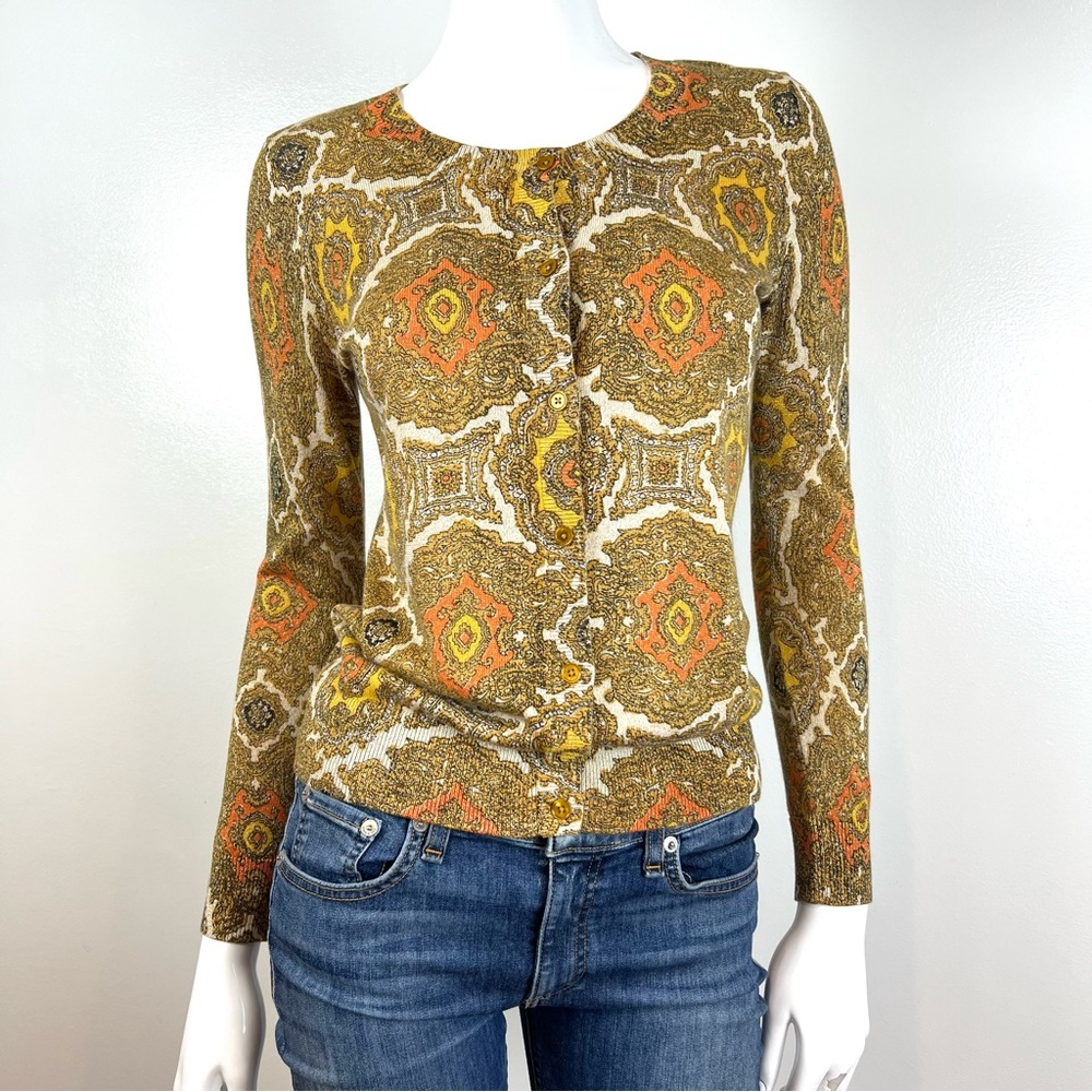 Talbots Women's S Petite Gold Metallic Medallion Cotton Blend Cardigan Sweater